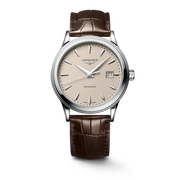 Quadrante beige con indici applicati e lancette argentate lucide dell'orologio Longines Flagship Classic automatico